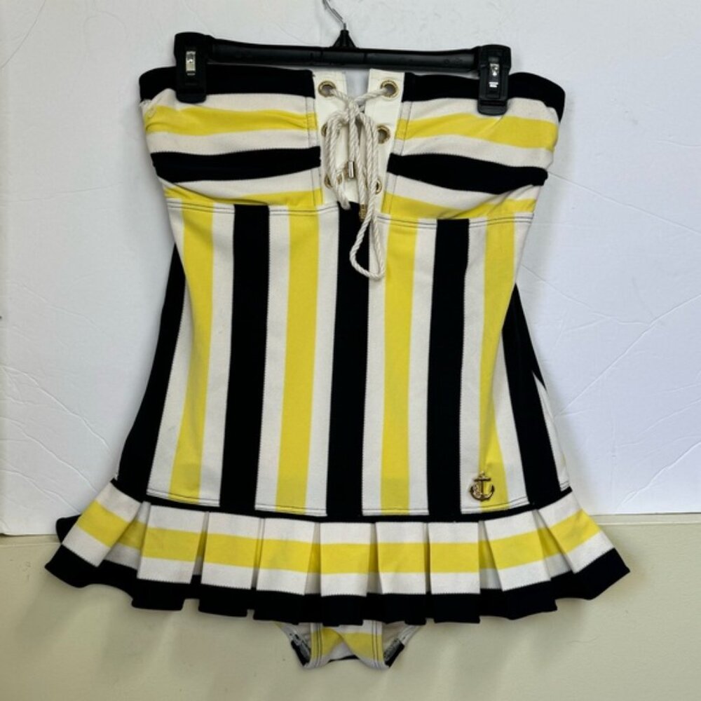 Juicy Couture Pleated Skirt Striped Nautical Swimsuit One Piece Pin Up Retro M - Picture 2 of 16
